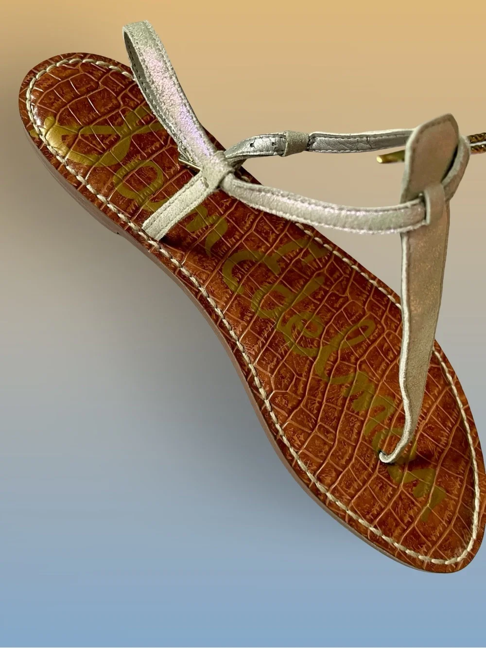 Sam Edelman Gigi Metallic Silver T-Strap Thong Sandals Croc Embossed Brown Sz9